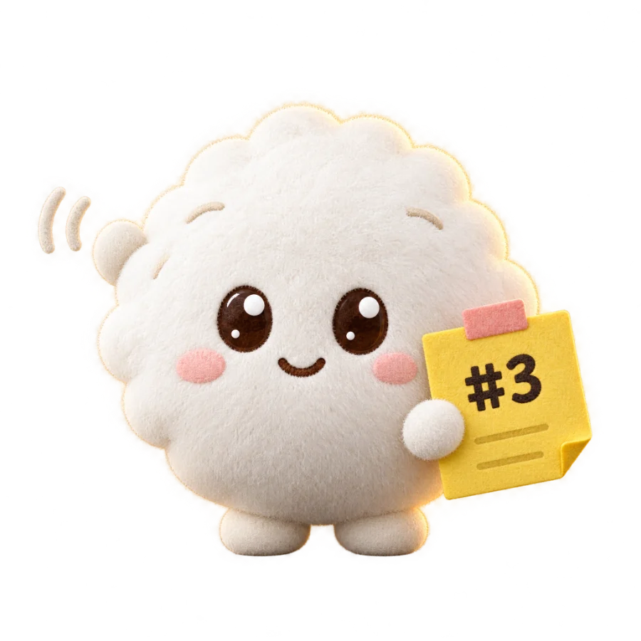 The white plush friend, waving and holding a sticky note that says #3: an idea parked for later